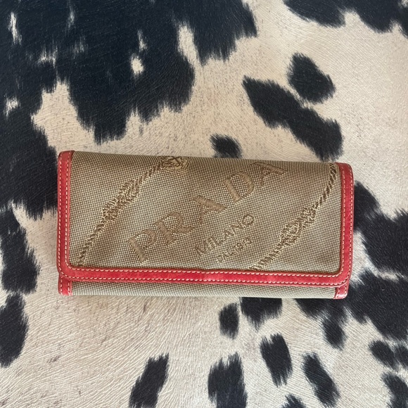 PRADA Beige & Red Fabric Long Wallet - Picture 1 of 14